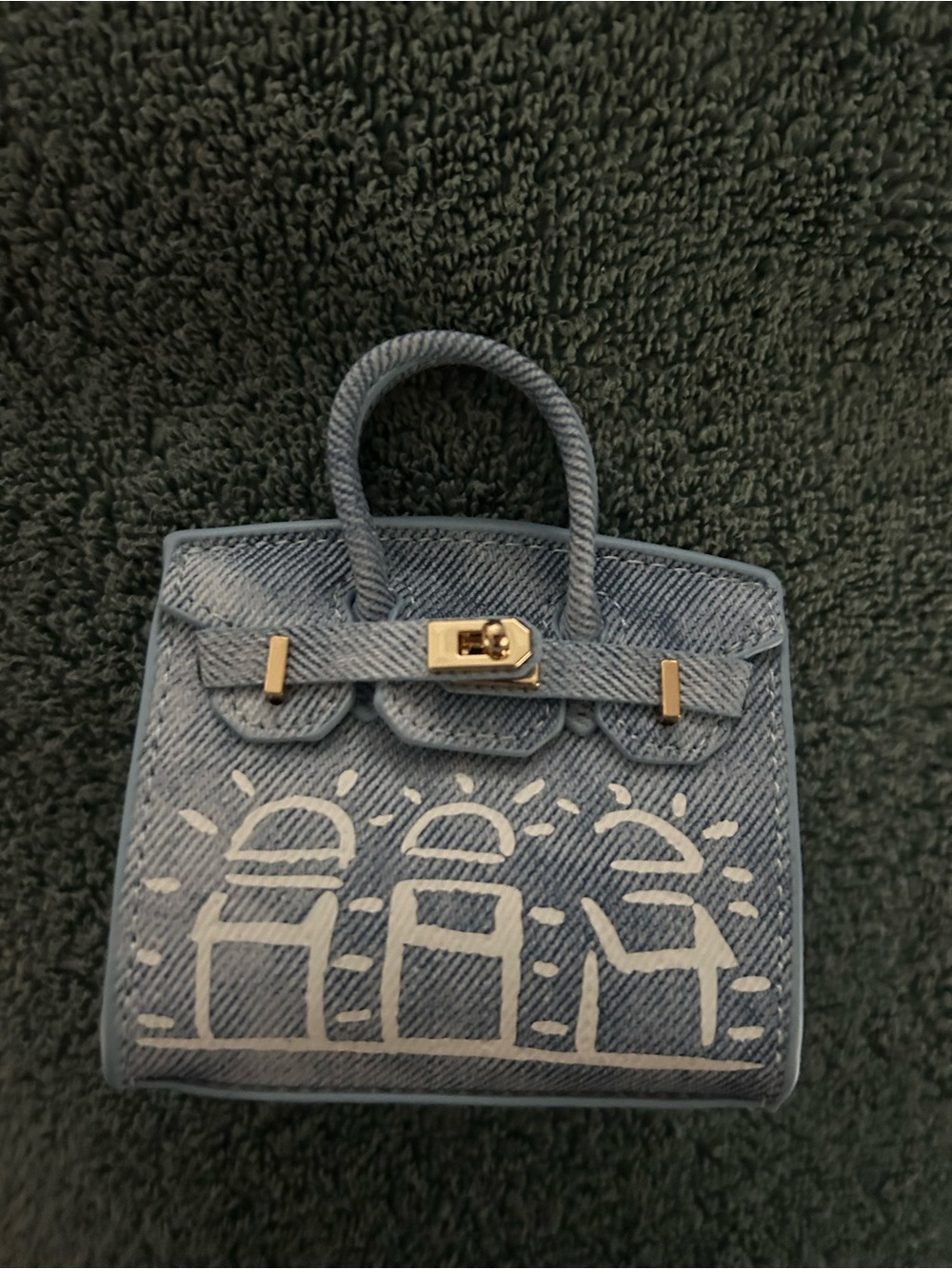 Light Blue Denim Mini Tote Charm with Graphic Detail